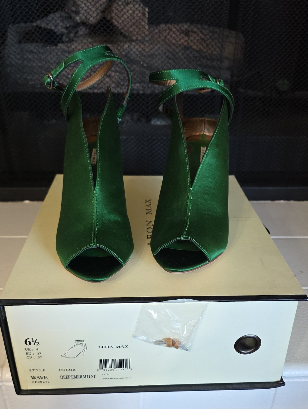 Leon Max Deep Emerald Open-Toe Ankle Strap Heels